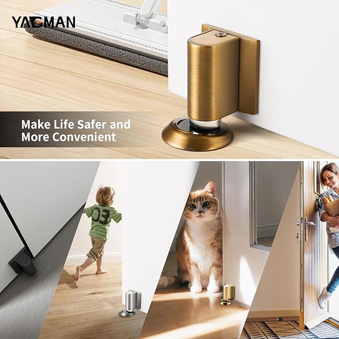 2 Pack Magnetic Door Stopper, Magnet Floor Door Stop Retractable, Door Magnetic Catch, Door Holder to Keep Door Open, No Drilling Mount with Adhesive, Antique Brass AB-2
