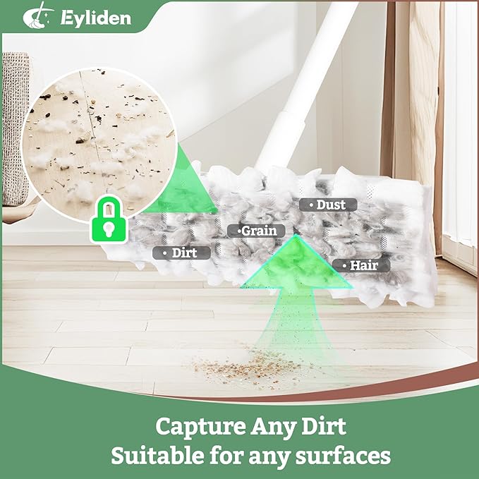 Eyliden Dust Mop, Sweeping & Mopping Kit with 58" Extended Long Handle, 36 Disposable Dry Cloths, Multi Surface Sweeper Mops for Hardwood, Tile, and Vinyl Floor Cleaning, Iron Handle, White