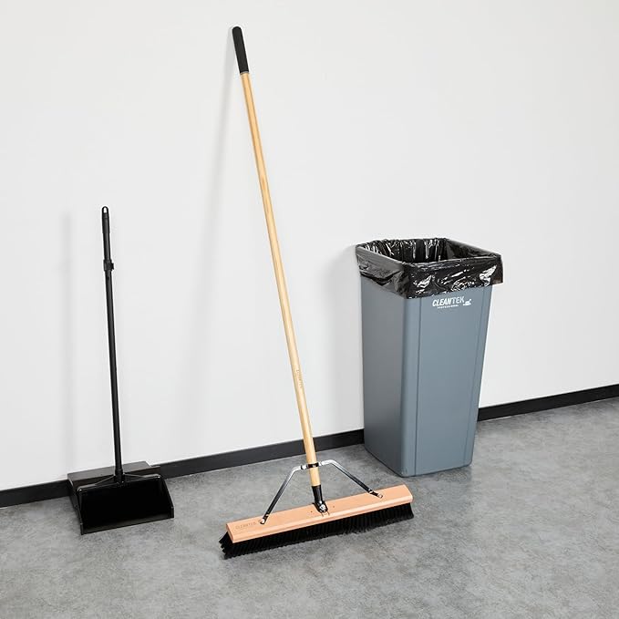 Restaurantware-Clean Tek Professional 24 Inch Push Broom, 1 Heavy-Duty Broom with 60â€ Handle - Fine Plastic Bristles, Durable, Wooden, Commercial Use, for Deck, Driveway, Garage, Yard, Patio