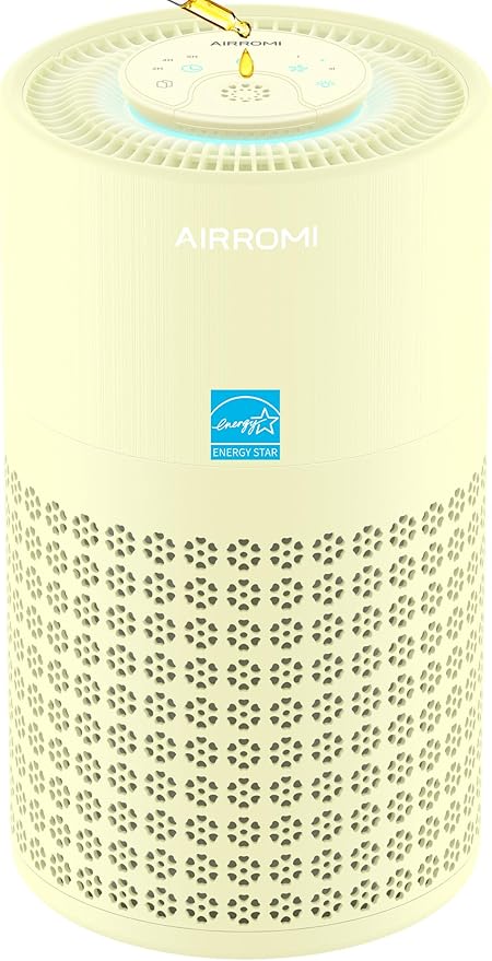 AIRROMI Air Purifier for Bedroom with HEPA Fet Filters, Pet Air Purifiers for Home Cat Pee Smell, Covers Up to 990Ft², Quiet 360° intake Air Cleaner for Allergies Dust Smoke Odor A2001 Yellow