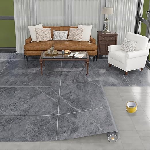 Freshtour Vinyl Flooring Roll, Versatile Removable PET Leather-Like Floor Covering, Waterproof & Durable, Easy Tape Installation, Cost-Effective for Any Room, Grey Marble/ 53.82 Sq.ft (39.3" x 197")
