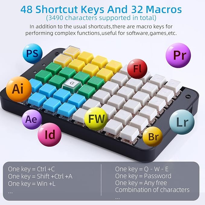 Koolertron One Handed Macro Mechanical Gaming Keyboard, Fully Programmable Mini Keypad, 48-Key Mini USB Macro Keyboard with Blank Keycaps, for Gamers/Cashier/Designers/Video Editors