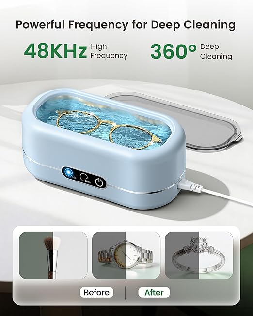 Ultrasonic Jewelry Cleaner, Upgraded Jewelry Cleaner Ultraonic Machine 48KHz for All Jewelry, Eyeglasses, Watches Strap, Dentures, Retainers & More - Light Blue