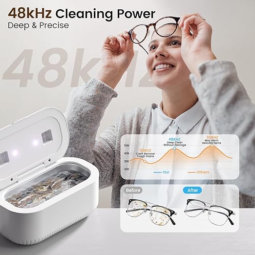 48Khz Ultrasonic Jewelry Cleaner, 30W Ultrasonic Cleaner with 2 UV Lights and Toothbrush Holder, 3 Modes Jewelry Cleaner Ultrasonic Machine with Digital Timer, 12OZ Pod for Eyeglasses (Off White)