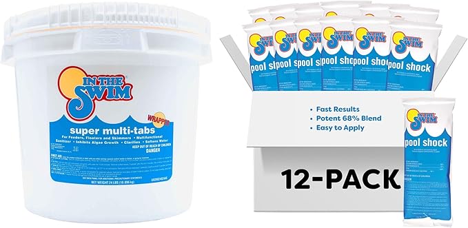 In The Swim Chlorine and Shock Bundle for Sanitizing Swimming Pools – Includes 24 Pound Bucket of 5-in-1 Super Multi-Tablets and 12 x 1 Pound Bags of 68% Cal-Hypo Pool Shock