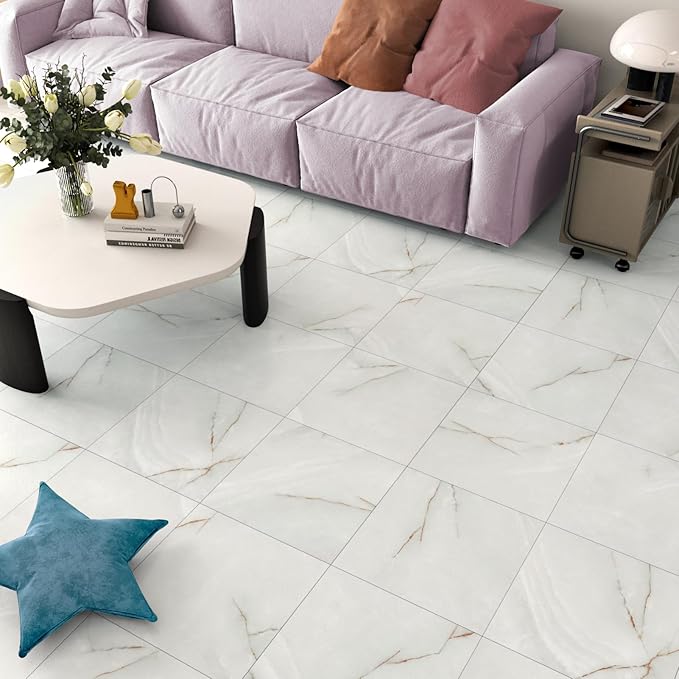 LIKILIKI White/Gray Marble Peel and Stick Floor Tile for Bathroom Waterproof Marble Vinyl Flooring Tiles Stick on Floor Tiles Removable Thick Flooring Tile for Bedroom Kitchen Living Room 5PCS 12"x12"