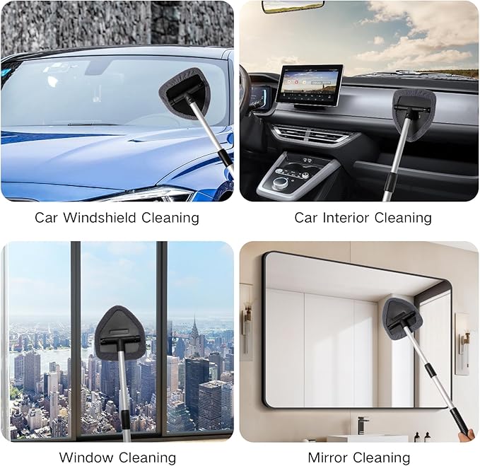 10pcs Windshield Cleaning Tool Inside Car Window Cleaner Wash Kit with 4 Reusable Microfiber Pads 1 Spray Bottle and Extendable Handle Interior Auto Glass Wiper Kit, Gray