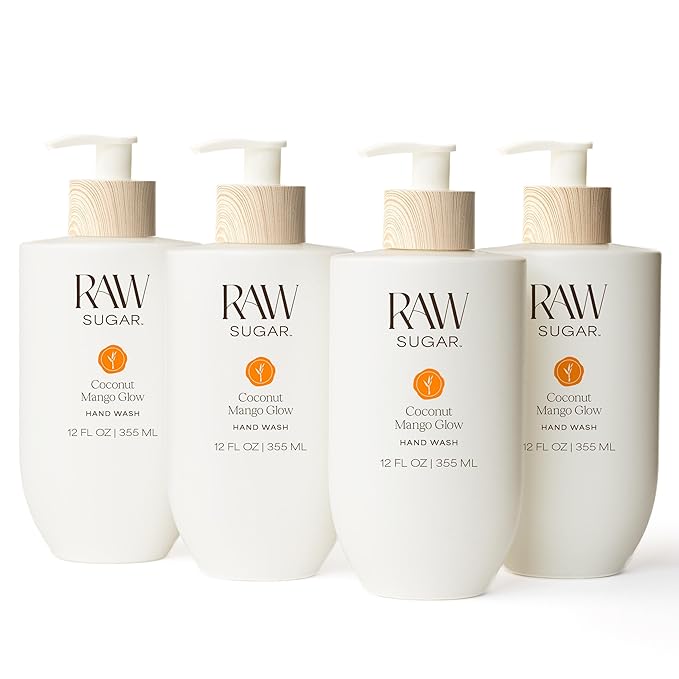 RAW SUGAR Coconut Mango Glow Hand Wash, 12 Fl Oz (Pack of 4) Liquid Hand Soap for Kitchen or Bathroom, Cleanses & Refreshes Hands, Formulated without SLS/SLES & Parabens