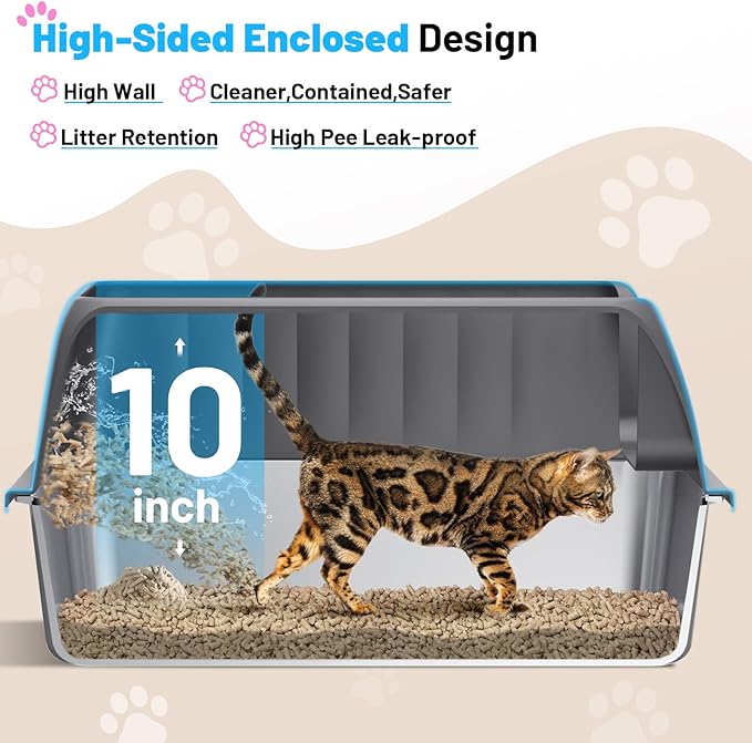 Stainless Steel Litter Box,Enclosed Cat Litter Box with High Sided Lid,Low Front Entry for Kittens,Small,Medium&Senior Cats,Leak-Resistant&Spill-Reducing,Easy to Clean,Scoop Included