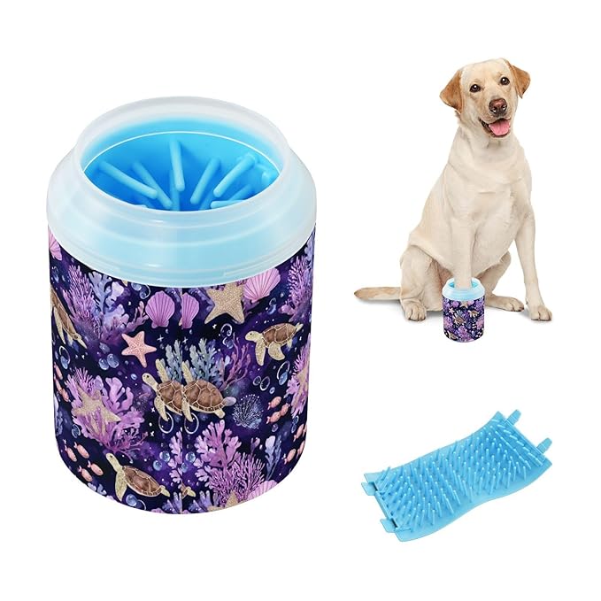 Dog Paw Cleaner Cups for Dogs Pets Foot Washer Paw Scrubber for Medium Small Cats Dogs Cute Cleaning Cup Purple Turtles Starfish Shells Coral