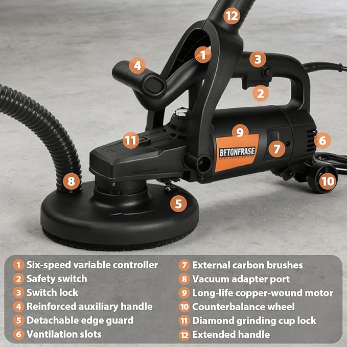 7 Inch Concrete Grinder Set with with Extendable Rod, 3800W Concrete Floor Polisher with Dust Extraction Shroud, 6 Gears, 6000RPM Concreter Surface Planner for Grinding Concrete Cement Marble
