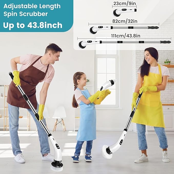 7-in-1 Electric Spin Scrubber, 25W Powerful Cordless Cleaning Brush with Adjustable Handle & 7 Replaceable Heads for Bathroom, Floor, Tile, Kitchen & Car