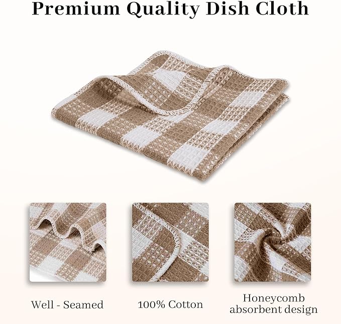 Blue Needles Waffle Weave Check Plaid Dish Cloths, 12x12 Inches 100% Cotton Set of 8 Dish Towels for Kitchen, Ultra Soft & Absorbent Kitchen Towels for Quick Drying Spring Summer - Beige & White