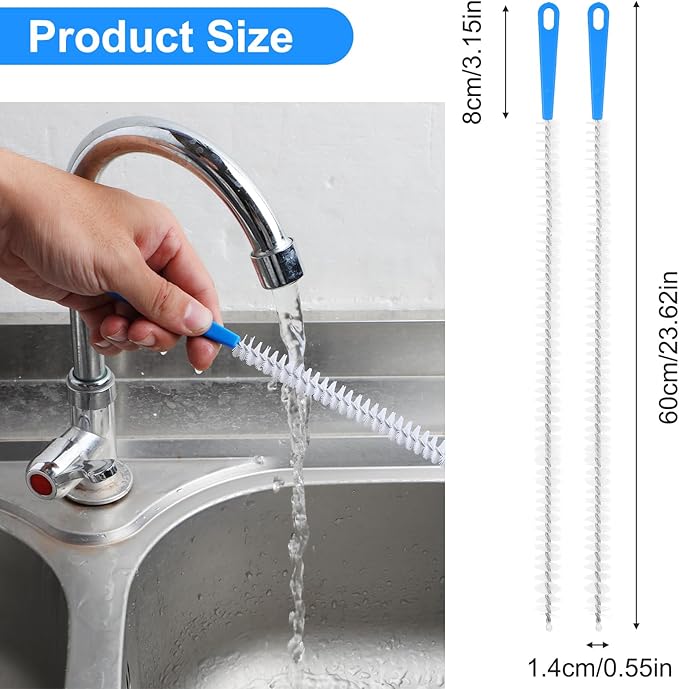 2 Pack Flexible Drain Cleaning Brush, 23.6inch Long Drain Clog Remover Tool with Nylon Bristles Rust-Resistant Sink Unblocker Tool for Toilet Kitchen Shower Sewer Tub