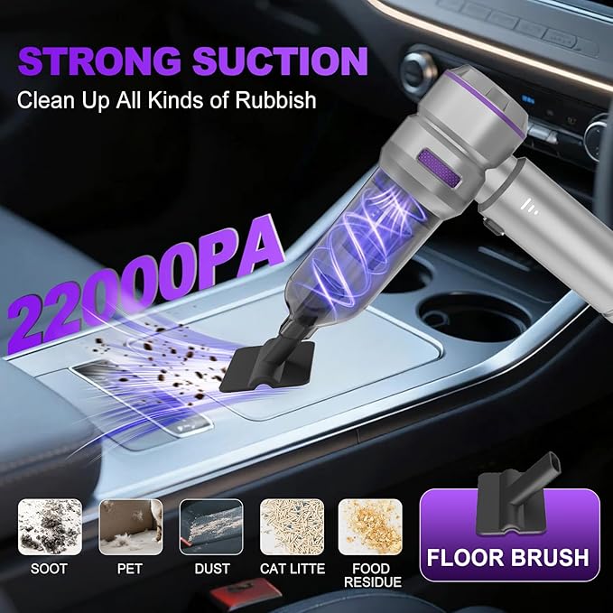 Handheld Car Vacuum Cleaner, 4-in-1 Cordless Vacuum Cleaner, 22000PA High Power Portable Car Vacuum with Brushless Motor, for Home, Office, Camping (Silver Purple)