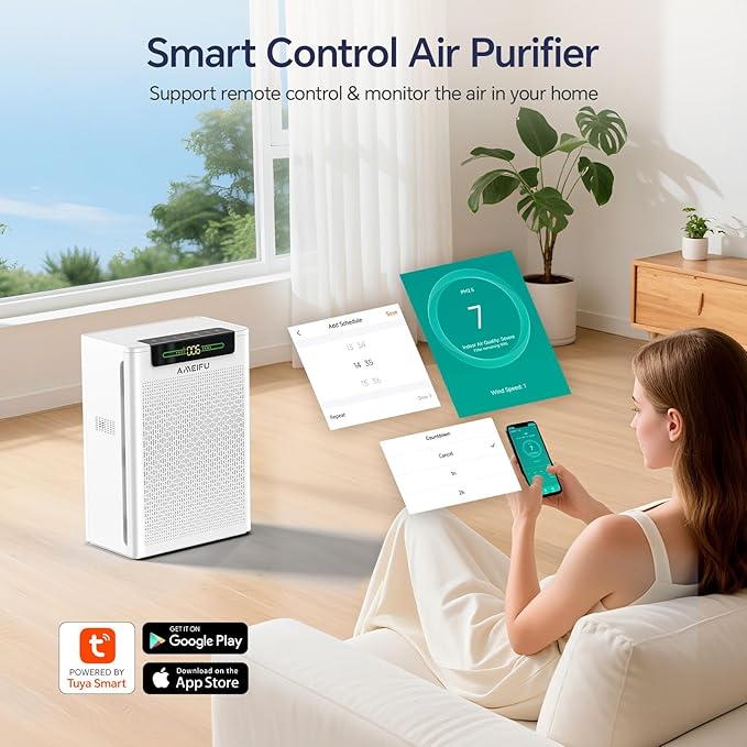 AMEIFU Air Purifiers for Home Large Room, Up to 3000 ft² with Smart WiFi APP Control, Hepa Air Purifier with Washable Filters, PM 2.5 Display for Bedroom, Pets Hair, Pollen, Dander, Smoke