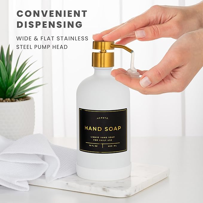 Hand and Dish Soap Dispenser for Kitchen and Bathroom, Set of 2 16 Oz Glass Bottles, Stainless Steel Pumps, Non-Slip Silicone Base, 27 Waterproof Labels (Matte White Bottle/Brushed Gold Pump)