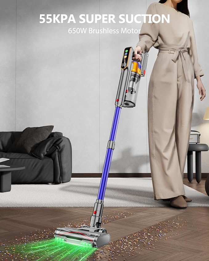 Cordless Vacuum Cleaner, 650W 55KPA 70Mins Vacuum Cleaners for Home, Stick Vacuum with 1.8L Cup, Anti-Tangle, 8-Stage Filter System, Green Light for Pet Hair, Carpet, Floor