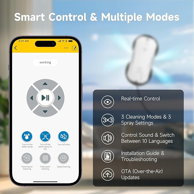 FMART T11 Window Cleaning Robot, Auto 4-Way Water Spray, 5300Pa Strong Suction, High-Speed Cleaning, <60dB Ultra-Quiet, 60mm Slim Window Robot, Smart Navigation, Anti-Drop & 50min UPS Protection