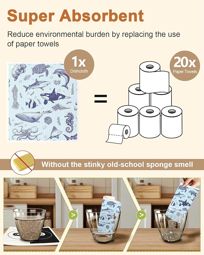 Swedish Dishcloths for Kitchen with Hooks - Reusable Dish Cloths for Washing Dishes Fast Drying Cute Fun 5 Pack Swedish Dish Towels Washable Cleaning Sponge, Deep Sea Fish