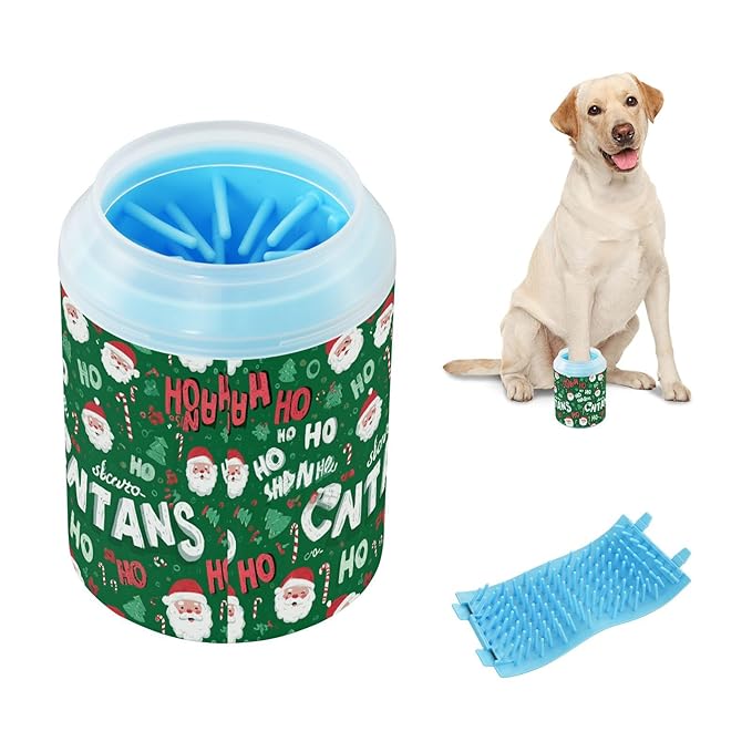 Dog Paw Cleaner Cups for Dogs Pets Foot Washer Paw Scrubber for Medium Small Cats Dogs Cute Cleaning Cup Green Christmas Santa Claus