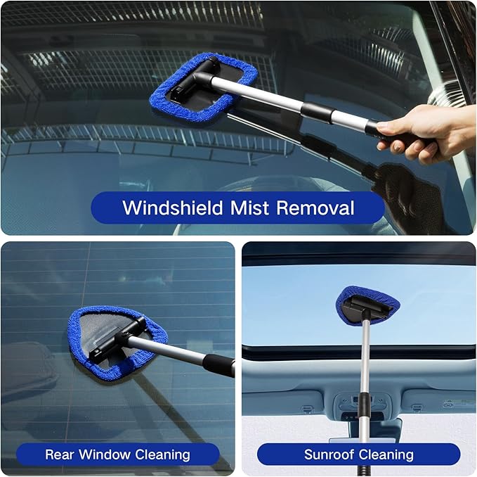 7pcs Windshield Cleaner Tool Car Window Cleaning Wash Kit with 4 Reusable Microfiber Pads 1 Spray Bottle and Extendable Handle Auto Glass Wiper Kit, Blue&Gray