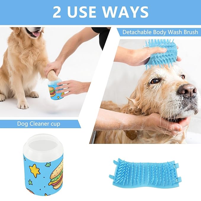 Dog Paw Cleaner Cups for Dogs Pet Foot Washer Paw Scrubber for Medium Small Dogs Cats Cleaning Cup Hamburger Hot Dog Stars Blue