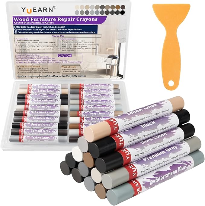 Wood Repair Wax Crayons & Filler Sticks Kit (20 Colors), Fix Scratches, Holes, Cracks on Furniture, Wood Floors, Cabinets, Stairs, Touch Up Markers for Hardwood & Carpentry (Gray Series)