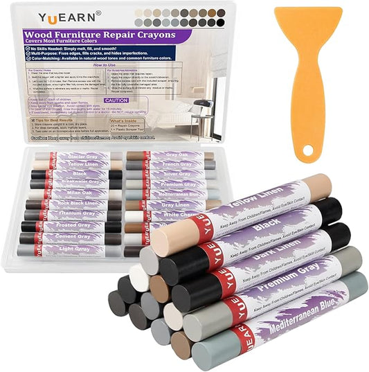 Wood Repair Wax Crayons & Filler Sticks Kit (20 Colors), Fix Scratches, Holes, Cracks on Furniture, Wood Floors, Cabinets, Stairs, Touch Up Markers for Hardwood & Carpentry (Gray Series)