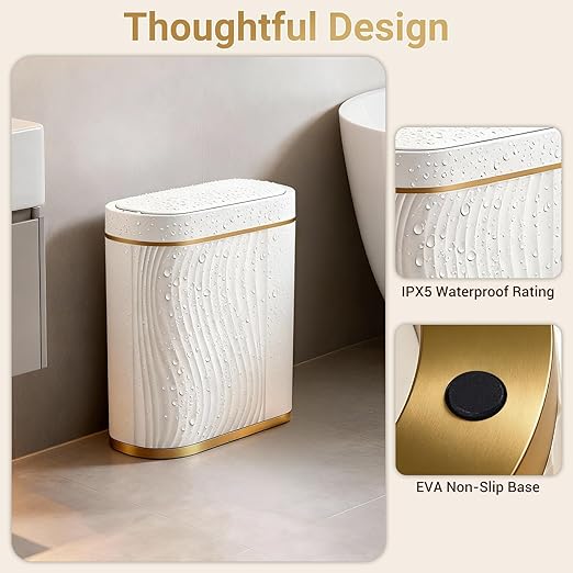 FreSup Automatic Motion Sensor Bathroom Trash Can with Lid - 2 Gallon Slim Touchless Automatic Garbage Can for Bedroom, Restroom, Office - White and Gold Aesthetic, Whisper Quiet, 11.6" Tall