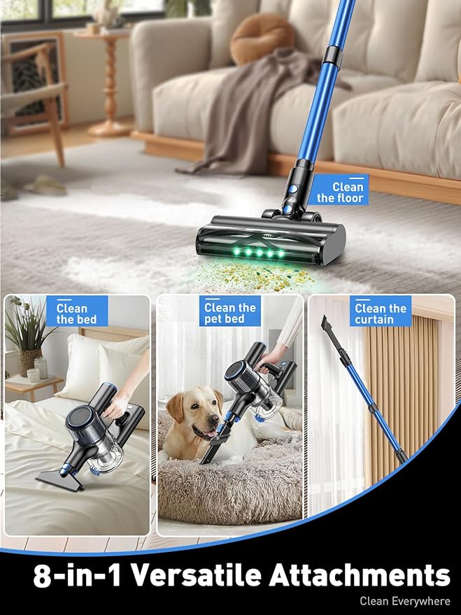 Cordless Vacuum Cleaner, 45000Pa/450W/50Mins Vacuum Cleaners for Home, 8-in-1 Stick Vacuum with LED Screen, Anti-Tangle, Lightweight Rechargeable Vacuum for Carpet Pet Hair Hardwood Floor Blue