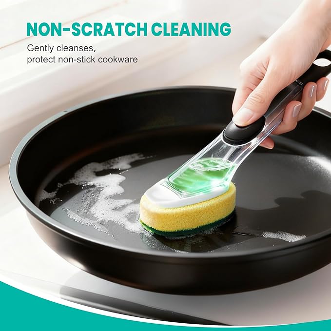 HELIME Dishwand Refills, Non-Scratch Replacement Sponge Heads for Dish Wand, Leak-Proof Handle with Heavy-Duty Scrubbers, Universal Compatible Soap Dispensing Brush for Kitchen, Bathroom Cleaning