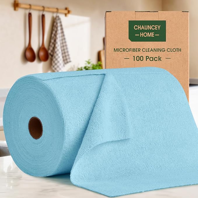 Microfiber Cleaning Cloth Roll - 100 Pack Tear Away Microfiber Paper Towels, Reusable, Washable, Scratch-Free, Kitchen Towels for Car, Home, Kitchen, Glass, Dishes (Blue)