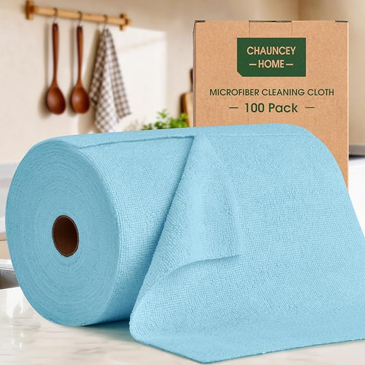 Microfiber Cleaning Cloth Roll - 100 Pack Tear Away Microfiber Paper Towels, Reusable, Washable, Scratch-Free, Kitchen Towels for Car, Home, Kitchen, Glass, Dishes (Blue)