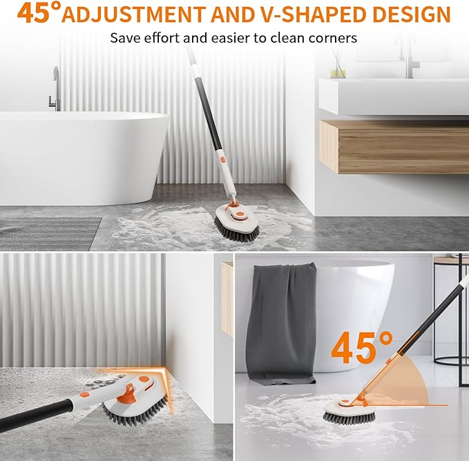 Bathroom Scrub Brush with Long Handle, 3-in-1 Tub and Tile Cleaner with 5 Replaceable Heads for Shower, Floor & Wall Cleaning