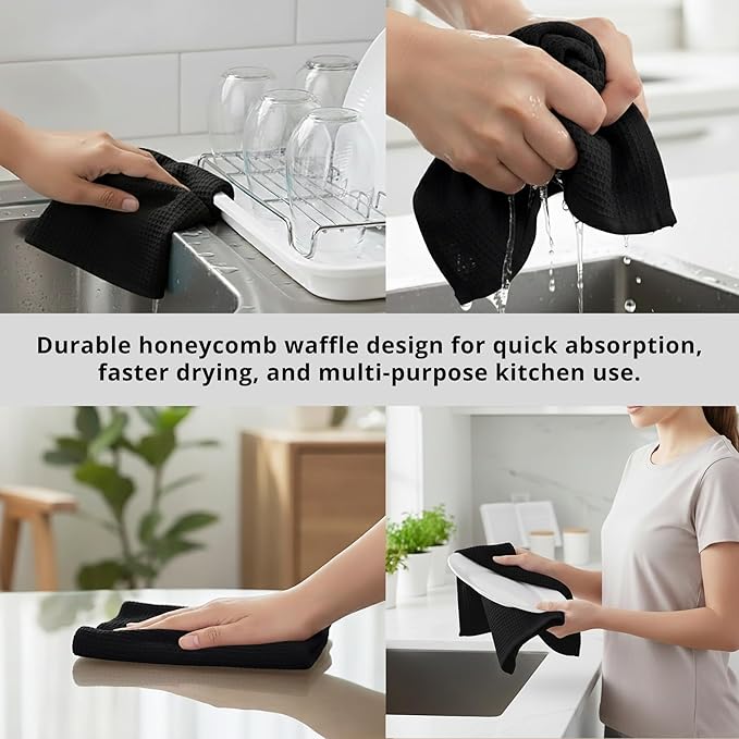 PurpleEssences Waffle Weave Kitchen Towel, 100% Cotton - 15x25 Inches, with Hanging Loop Ultra Soft Absorbent Quick Drying Dish Cloth, Tea and Hand Towels, 6 Pack - Christmas Holiday Winter - Black