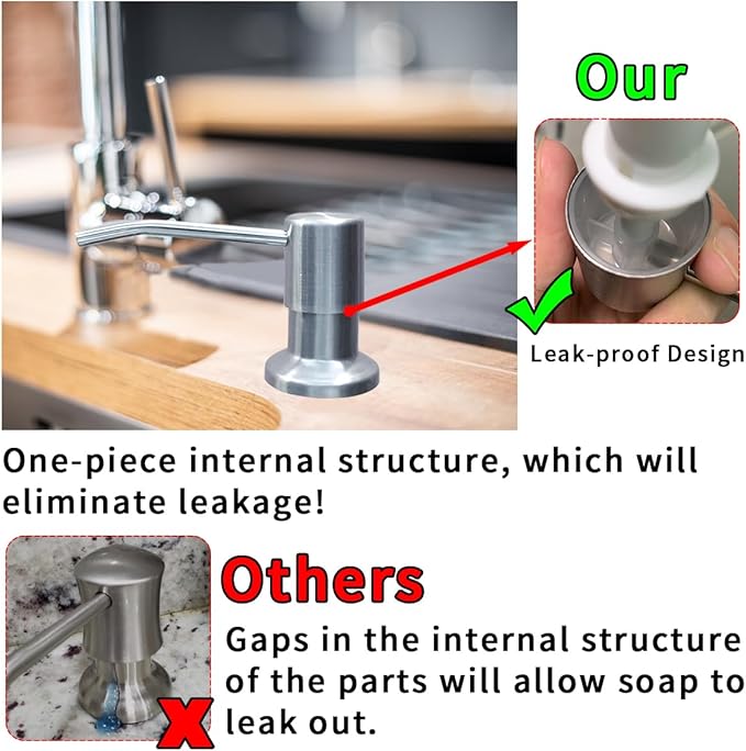 Soap Dispenser for Kitchen Sink, Stainless Steel Built in Sink Soap Dispenser Pump Head with 1.2m/4ft Silicone Water Pipe & 3 Caps for Soap Container, Kitchen Sink Accessories Bar Wash Tools