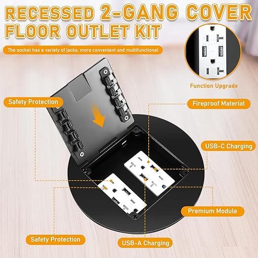 1 Pcs Recessed Floor Outlet 4. 72" x 4. 72" x 3. 94" 2-Gang with 4. 8a USB Chargers 20 Amp Floor Receptacles Round Hidden Outlet Kit Electrical Waterproof Box, Etl Listed (Black)