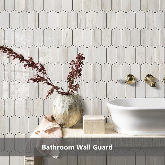 Vamos Tile Long Hexagon Peel and Stick Backsplash Tile - 10 Sheets Stick on Backsplash for Kitchen and Bathroom 12.4 x 12 Inch Glossy Wood Grain PVC Self Adhesive Mosaic Wall Tiles