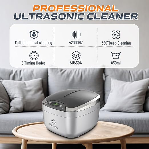 Life Basis Ultrasonic Cleaner Household Ultrasonic Jewelry Cleaner 850ml (28 Ounces) LCD Screen with 5 Digital Timer Watch Stand CD Holder for Ring Jewelry CD DVD Watches Glasses Makeup Brush - Silver