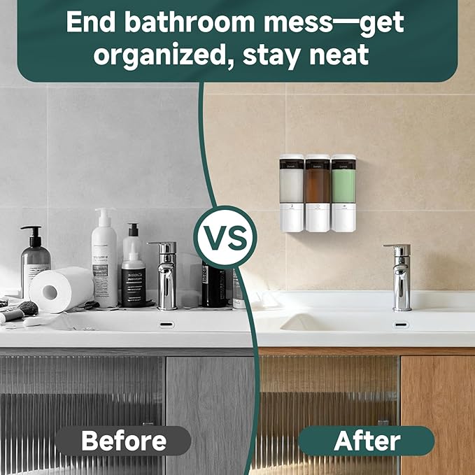Shampoo and Conditioner Dispenser 3 Chamber No Drill Shower Soap Dispenser Wall Mounted Shampoo Conditioner Body Wash Refillable Bathroom Shower Dispenser (White+Smoke Gray 3 Chamber)