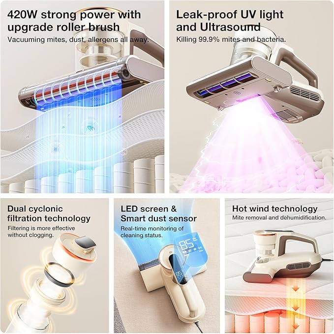 Jimmy WB63 Mattress Vacuum Cleaner – Anti-Mite & Dust Mite Removal Bed Vacuum with UV-C Light, 15KPa Strong Suction, Dual Cyclone Filtration for Mattress, Sofa & Upholstery
