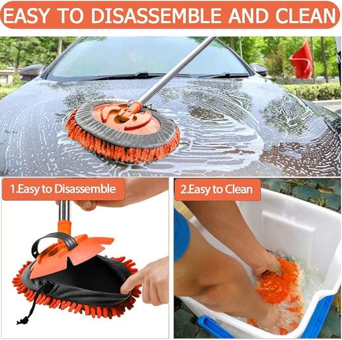 47.5" Car Wash Brush Mop Cleaning Tool with Long Handle Kit for Washing Detailing Cars Truck, SUV, RV, Trailer, Boat 2 in 1 Chenille Microfiber Sponge Duster Not Hurt Paint Scratch Free