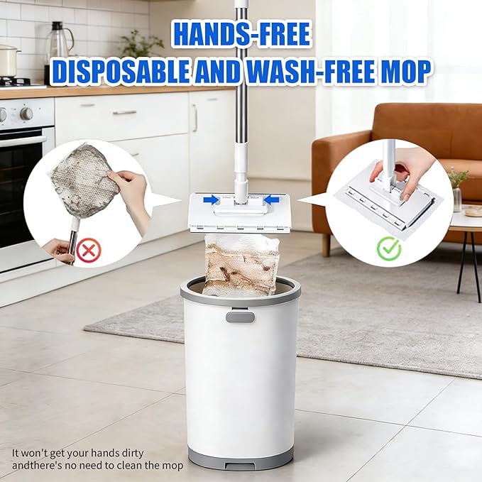 SOPAMI Sweep & Mop Kit Durable Cleaning Tool for Hardwood, Tile, Marble & Laminate Floors,Pet Hair Removal, Home, Kitchen Cleaning Essentials (2 Reusable Cleaning Pads&1pcs Disposable Dry Cloths
