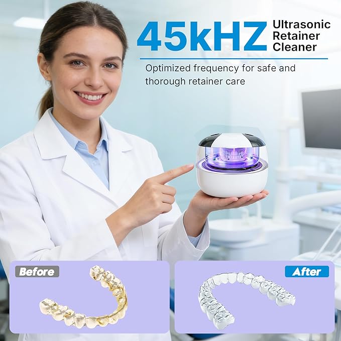 Ultrasonic Retainer Cleaner Machine Denture Cleaner for Dental Pod, Aligner, Night Guard, Braces & Mouth Guard, Features 45KHz and UV Deep Cleaning Dental,4 Modes Teeth Cleaning Tools, Digital Timer