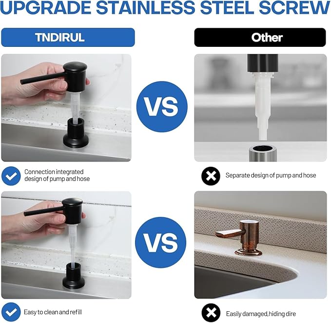 Soap Dispenser for Kitchen Sink, Matte Black Built in Soap Dispensers, Stainless Steel Sink Soap Dispenser or Lotion Dispenser Pump with 47" Extension Tube Kit, Upgraded Metal Check Valve