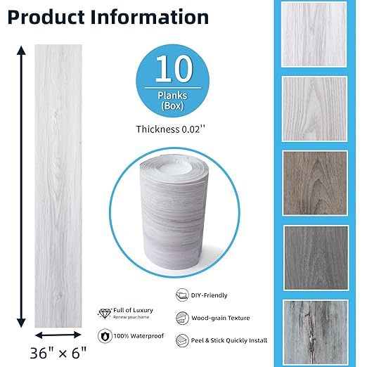 Art3d 15 Sq.ft Peel and Stick Floor Tiles, 10Pcs Luxury Vinyl Plank Flooring Wood Look, 36" × 6" Adhesive and Waterproof Tile Sticker for Bedroom, Living Room, Kitchen, White/Grey