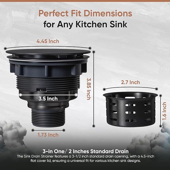 Strictly Sinks Sink Drain Strainer with Removable Basket - 3-1/2 Inch Stainless Steel Round Kitchen Sink Drain Assembly Kit with Deep Strainer Basket & Flat Cover Lid (Black)