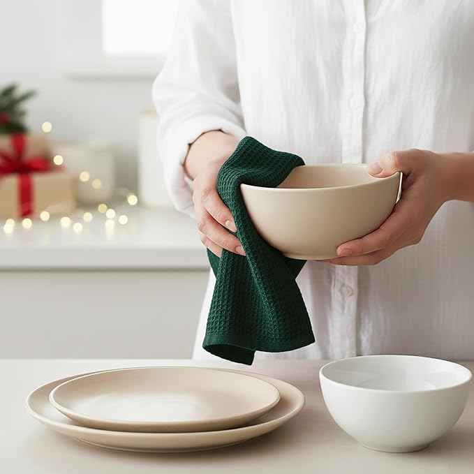 PurpleEssences Waffle Weave Kitchen Towel, 100% Cotton - 15x25 Inches, with Hanging Loop Ultra Soft Absorbent Quick Drying Dish Cloth, Tea and Hand Towels, 6 Pack - Christmas Holiday Winter - Green