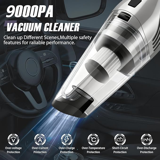 Car Vacuum Portable Cordless – 9000PA Strong Suction, Lightweight & Rechargeable – Includes Multi-Nozzle Attachments for Car, Home, Office, and Pet Hair – Compact & Powerful Grey Vacuum